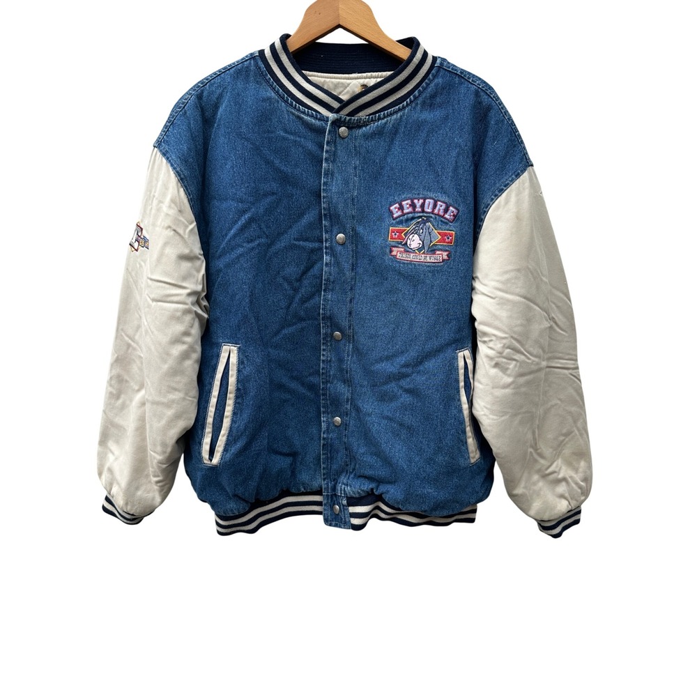 Vintage Disney Store Eeyore Denim Varsity Bomber Jacket Quilted Lined Large